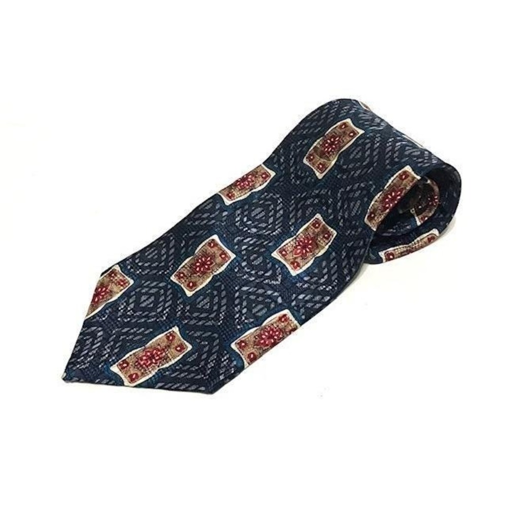 VTG  Spencer & Lowe Mens Silk Necktie Geometric Tile Blue Red Gold Floral Framed